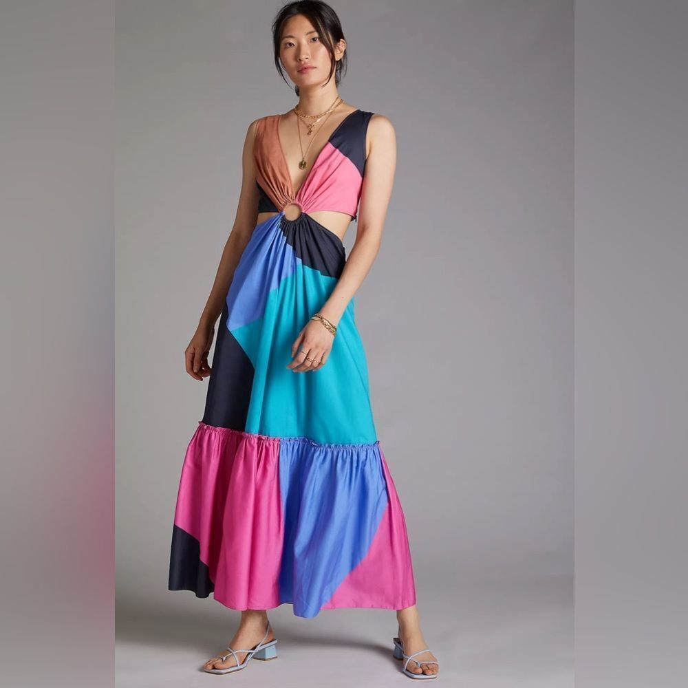 Anthropologie Geisha Designs Flounced Cut-Out Maxi Dress